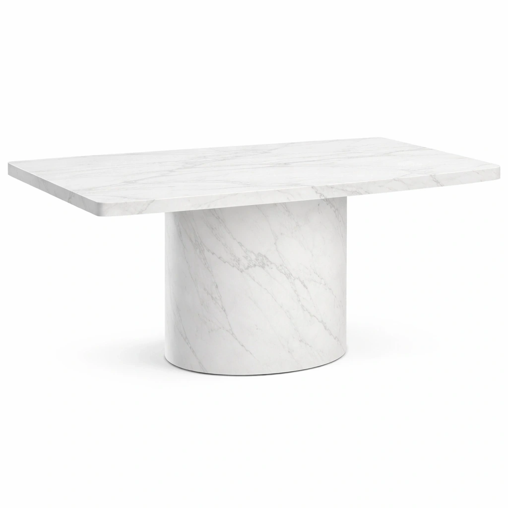 Table  manger moderne rectangulaire effet marbre blanc avec base cylindrique-calqiro