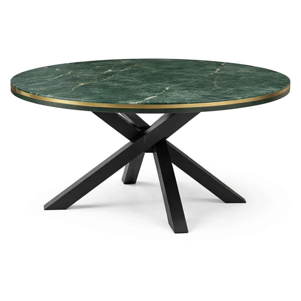 Table  manger ronde avec plateau marbre vert et base croise moderne-rovenao