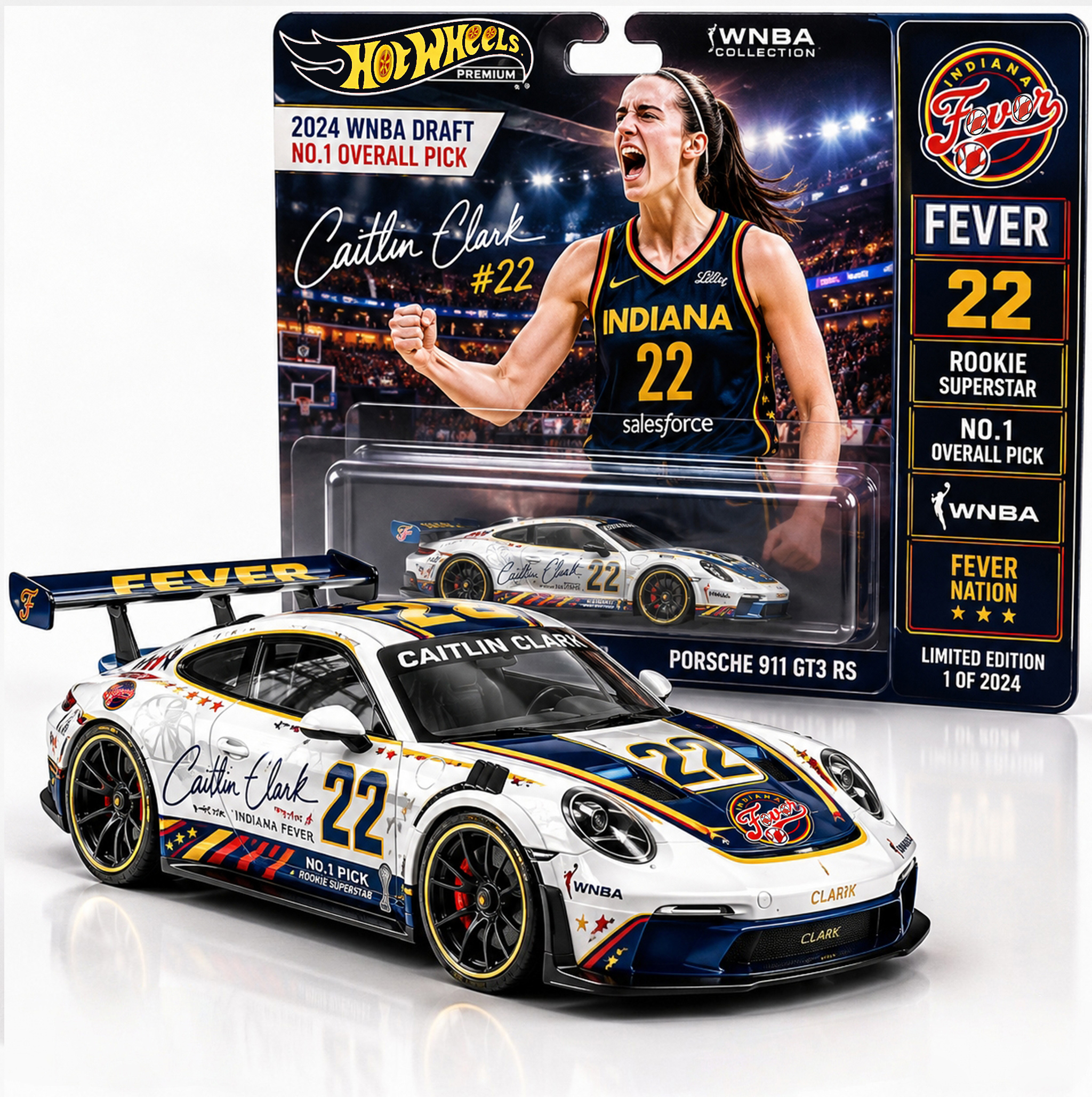 Hot Wheels Caitlin Clark #22 Indiana Fever Porsche 911 GT3 RS Die-Cast Collector Car