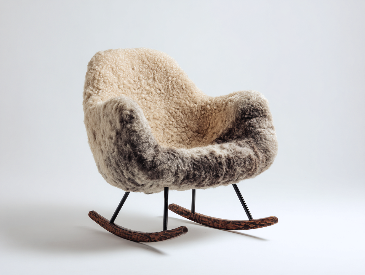 Mecedoras tapizada de lana sintética con base de madera curvada 70x85x90 cm - beige - diseño moderno para salón-Craftmyhub