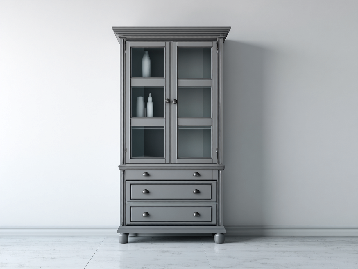 Vitrinas madera con puertas de vidrio y cajones 85x42x190 cm - gris - diseño clásico para salón-Craftmyhub