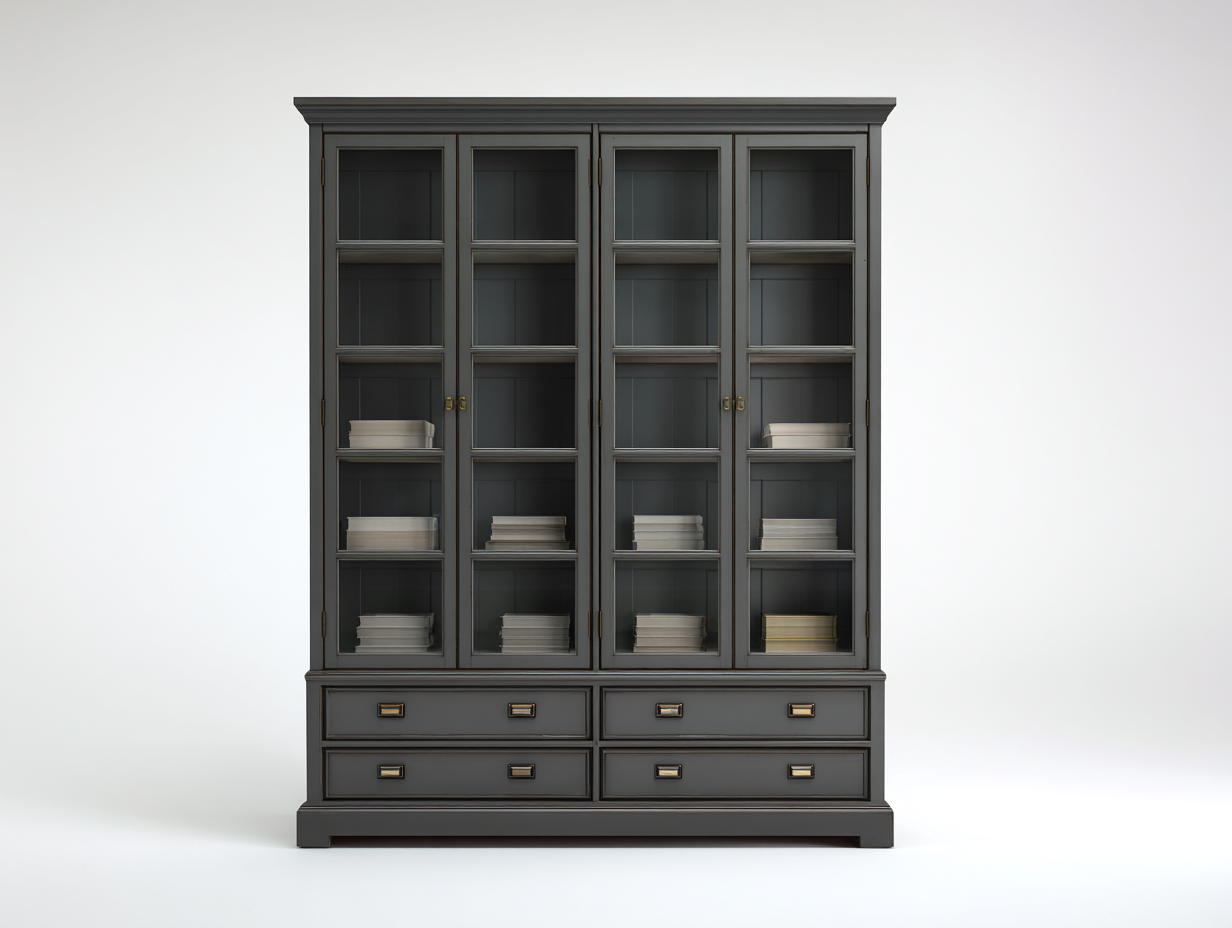 Estanterías madera gris oscuro con puertas de vidrio y cajones 180x45x210 cm - gris oscuro - diseño clásico para salón o comedor-Sofagoyard