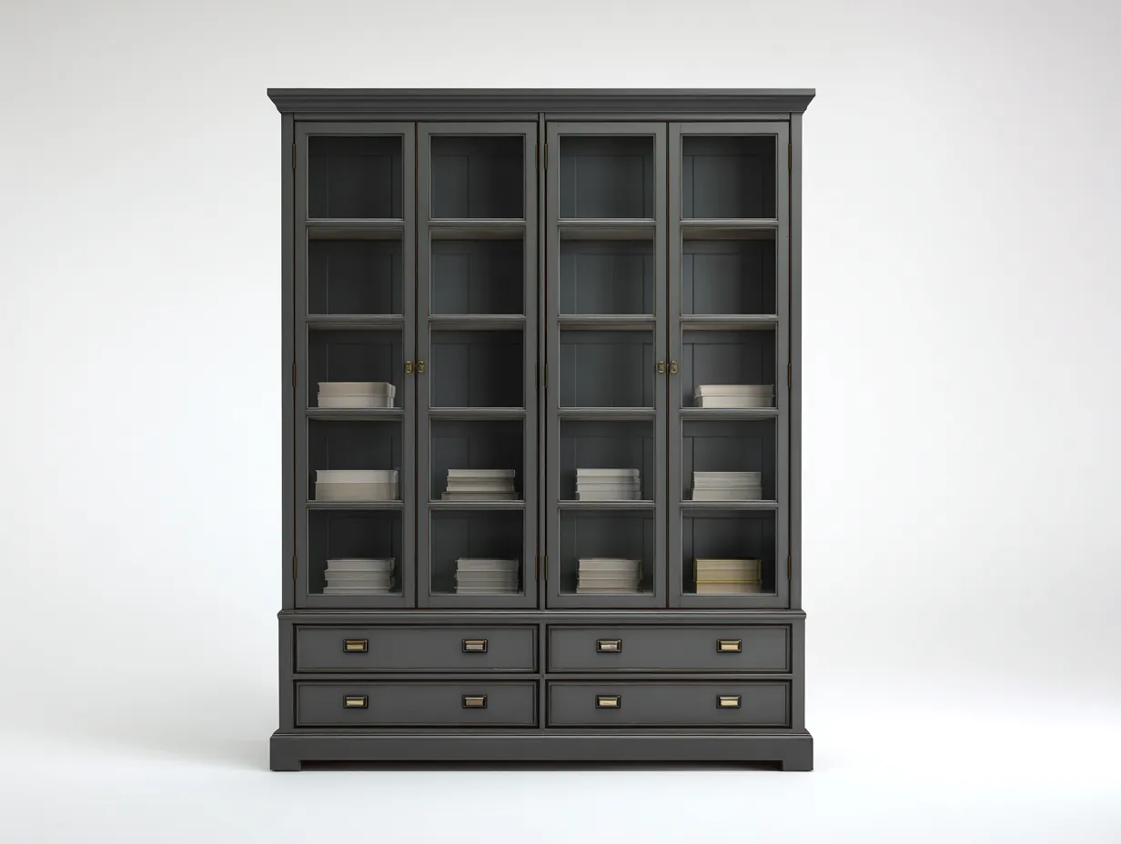 Estanterías madera gris oscuro con puertas de vidrio y cajones 180x45x210 cm - gris oscuro - diseño clásico para salón o comedor-Sofagoyard