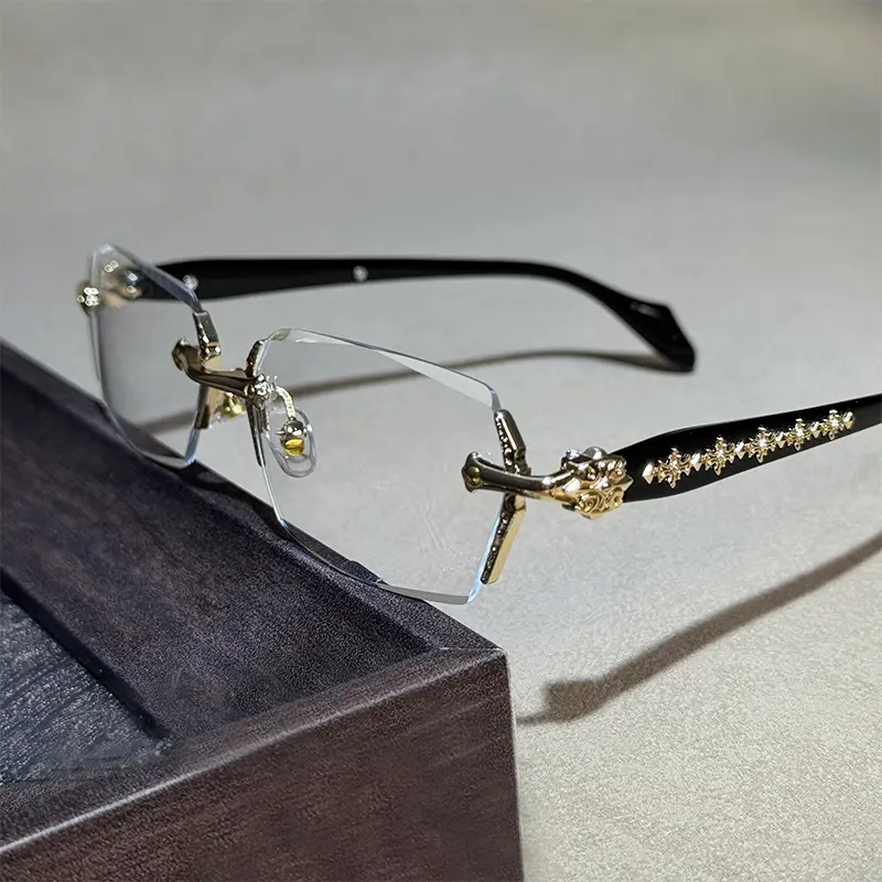 Rimless Fashion Glasses with Clear Lenses & Diamond-Cut Edges, Fashion Metal Temple Decor, HD Vision for Reading & Computer Gaming, Unisex Frameless Design Street Style, Fashion Accessories & Daily Outfit for Men & Women