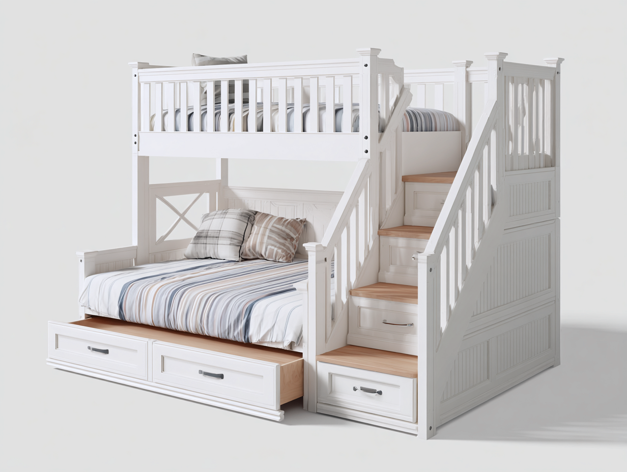 Etagenbett Holz mit Treppe 245x100x180 cm - Weiß - Natur - Modernes Design - Geeignet für Schlafzimmer und Kinderzimmer-Homiden