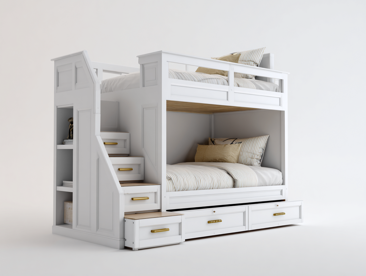 Etagenbett Holzrahmen mit Stauraumtreppe und Schubladen 205x140x170 cm - Weiß - geeignet für Schlafzimmer - modernes Design-Homiden