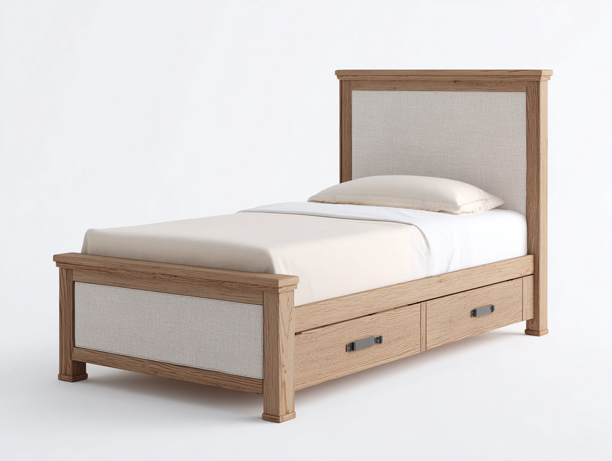 Einzelbett Holzrahmen mit Stoffpaneel und Stauraum 205x98x105 cm - Eichefarben - geeignet für Schlafzimmer - modernes Design-Homiden