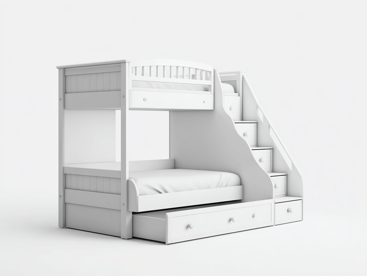 Etagenbett Holzrahmen mit Stauraumtreppe und Schublade 205x140x165 cm - Weiß - geeignet für Schlafzimmer - modernes Design-Homiden