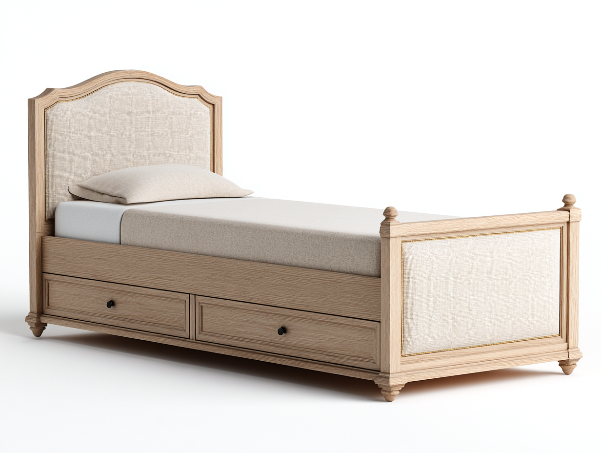 Camas individuales de madera con cabecero tapizado y 2 cajones 200x90x110 cm - beige-madera - diseño clásico para dormitorio-Homigethome