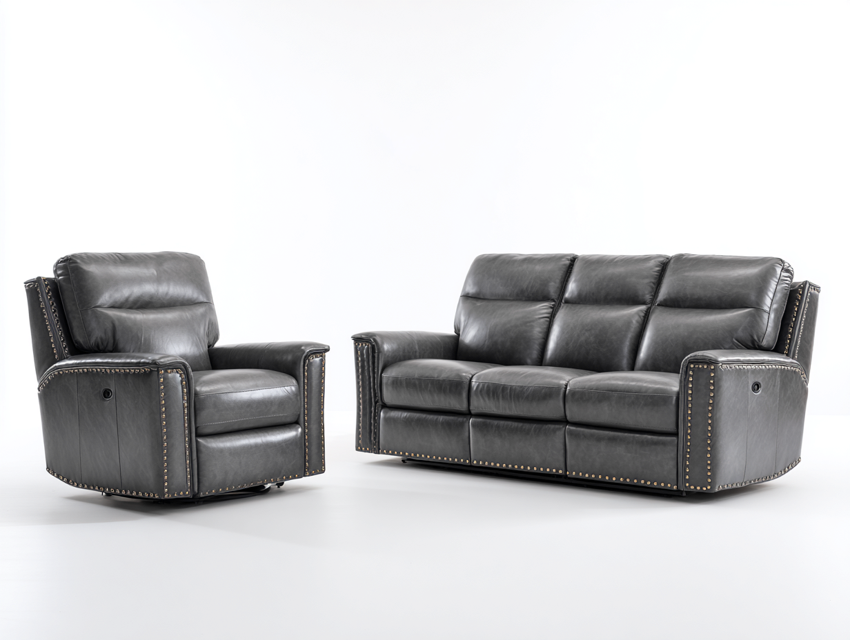 Conjunto de sofás reclinables de cuero sintético 3 plazas y sillón reclinable - gris oscuro - diseño clásico para salón-Homigethome