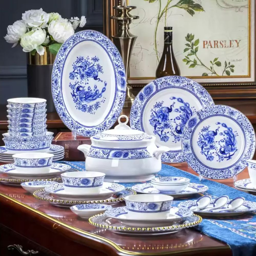 60 pieces of Chinese blue and white glazed bone china tableware set, Jingdezhen ceramic bowls, plates, and dishes set