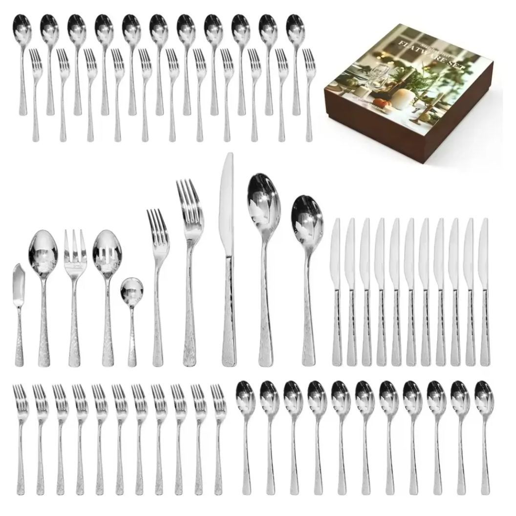 Hammered Silverware Set, Flatware Set with Serving Utensils, 18/10 Stainless Steel Premium Cutlery with Unique Ripple Handles De