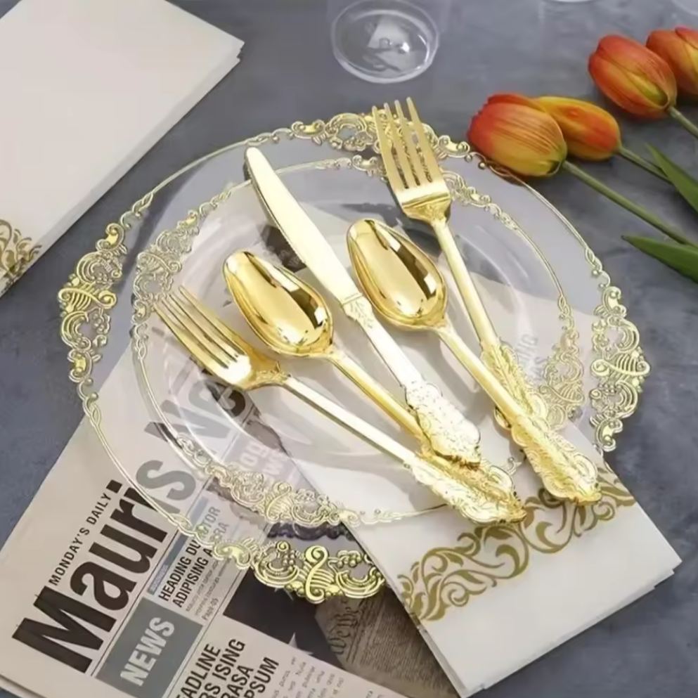 Disposable Dinnerware Set, 150PCS Clear Golden Rim Christmas Dinnerware Sets, Disposable Dinnerware Set