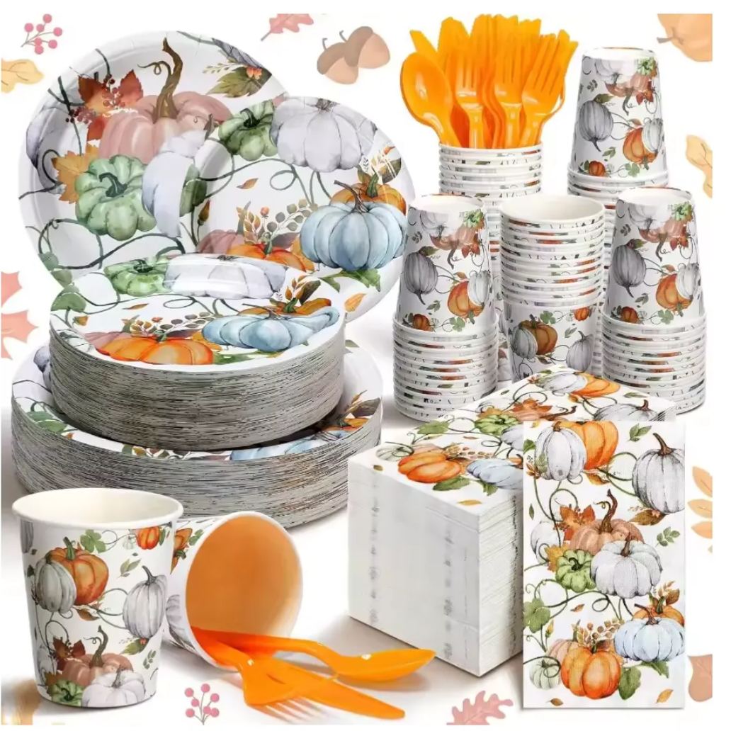 400 Pcs Fall Party Supplies Dinnerware Set for 50 Guests Including Disposable Paper Plates Napkins Cups Knives and Spoons with