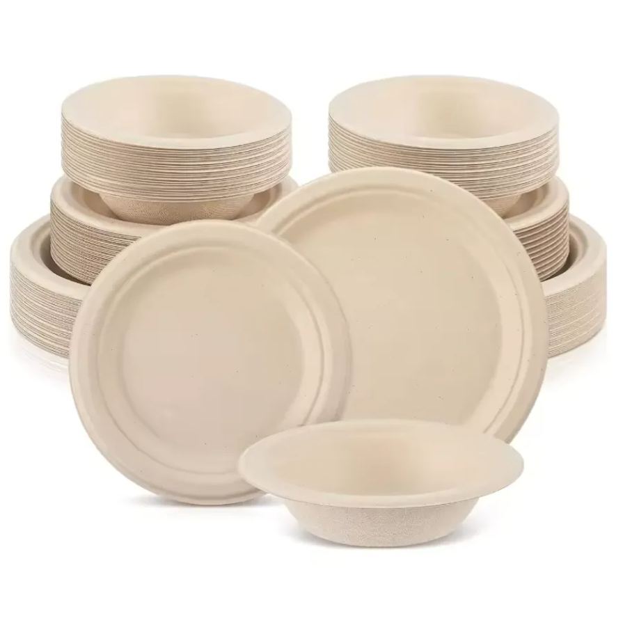 150 Pcs Compostable Paper Plates and Bowls Set 7 Inch 9 Inch Disposable Plate 12oz Biodegradable Bowls for Party Dinner 50perso