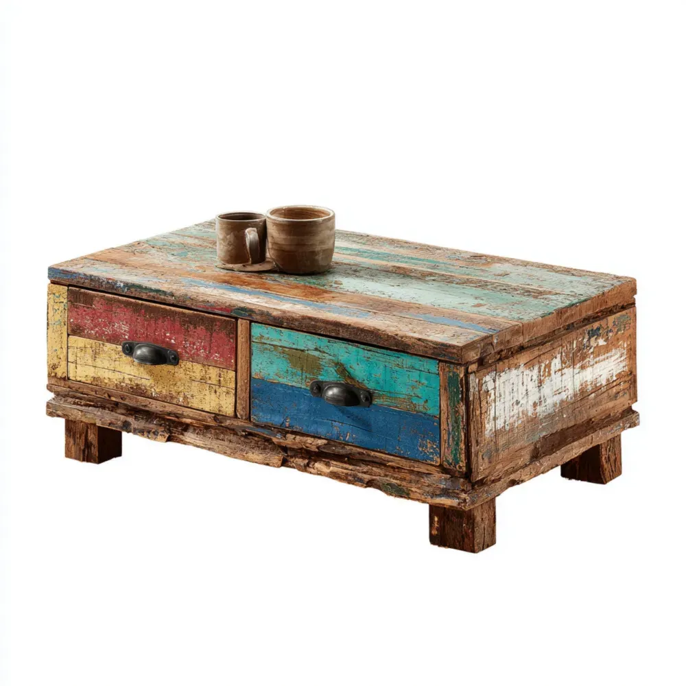 Couchtisch Recyceltes Massivholz mit 2 Schubladen Mehrfarbig