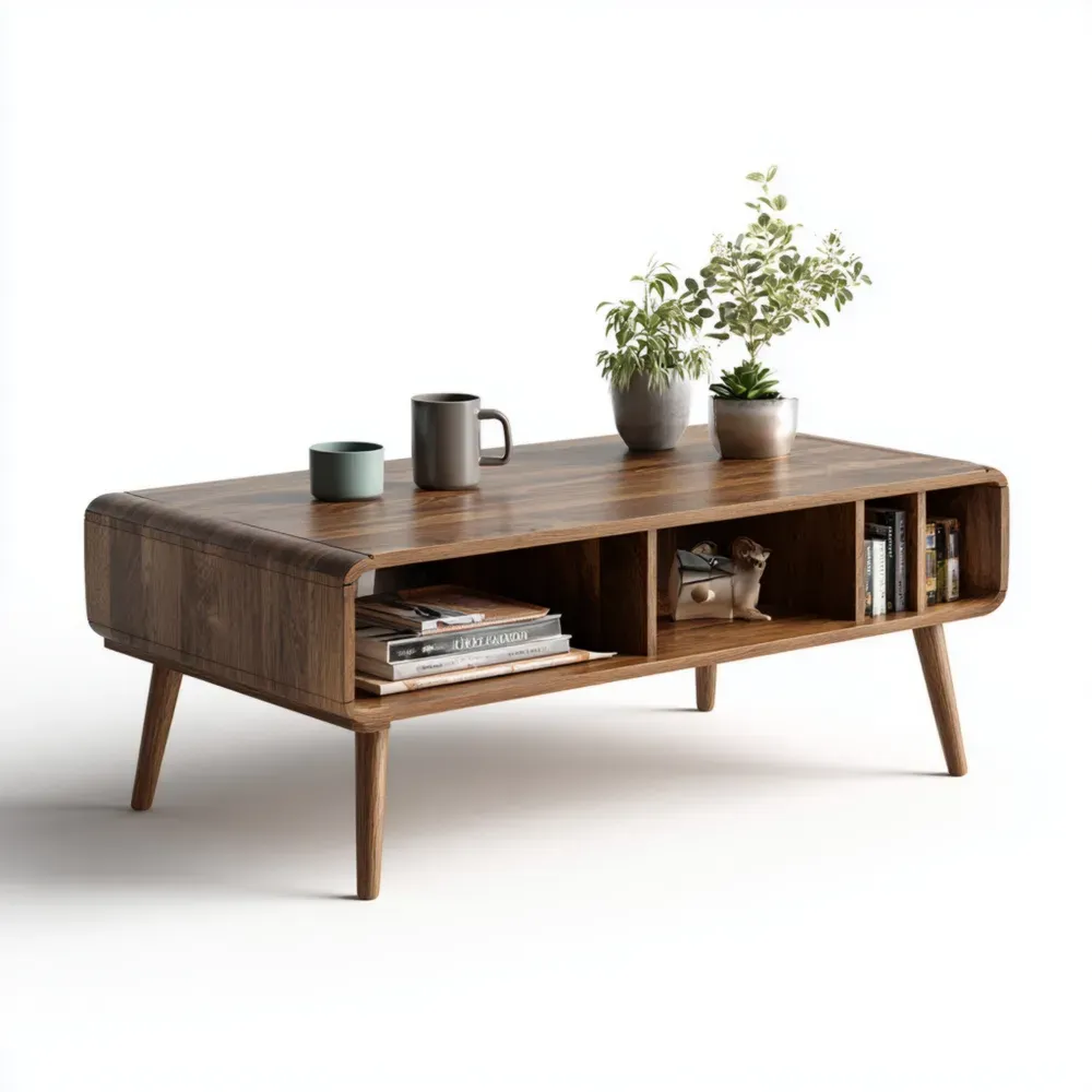 Couchtisch aus Walnussholz mit Ablagen