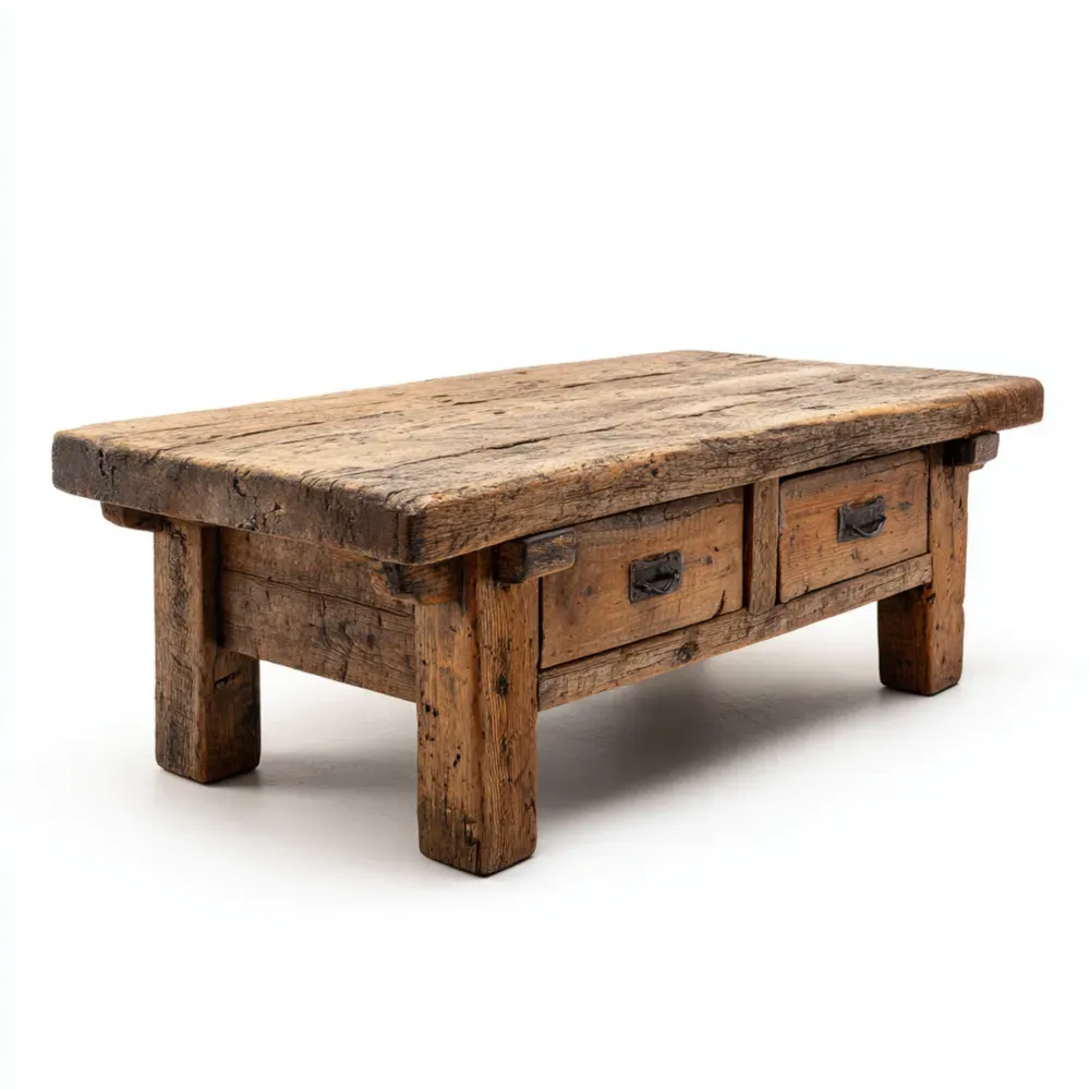 Rustikaler Couchtisch aus Eichenholz mit Schubladen