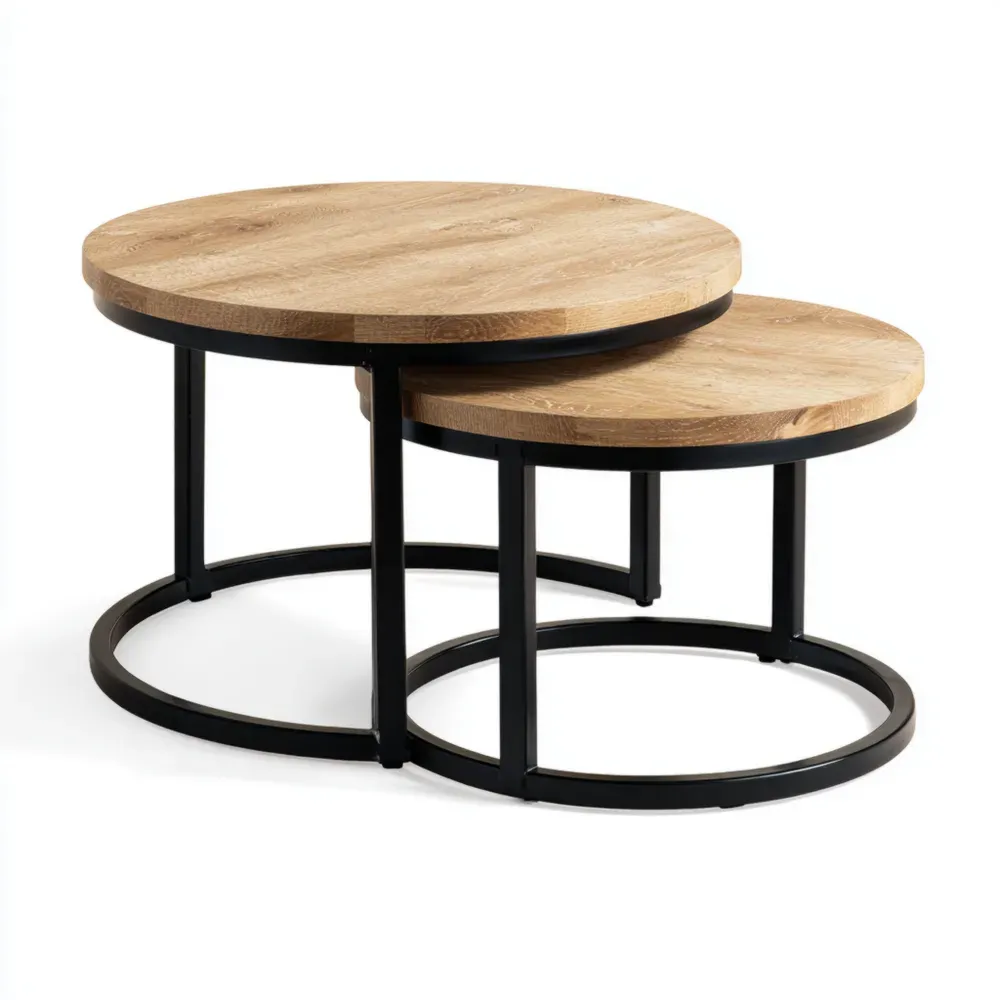 Rundes Couchtisch-Set aus Holz und Metall, Eicheoptik, 2-teilig