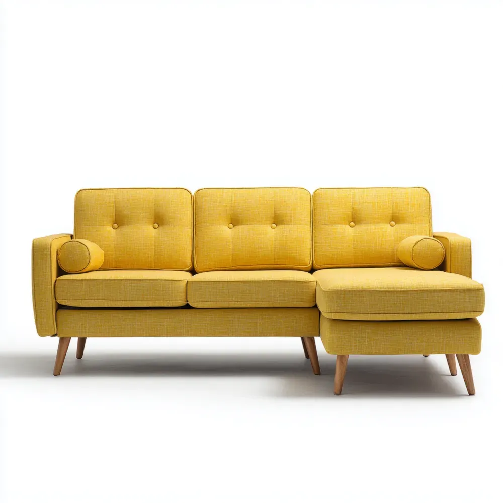 Ecksofa Stoff Gelb mit Buchenholzbeinen