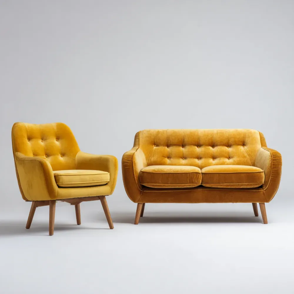 Sofagarnitur Veloursstoff Senfgelb 2-Sitzer und Sessel