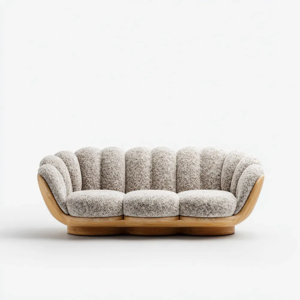 Bouclé Sofa mit Eichenholzrahmen - Beige - 230x100x85 cm