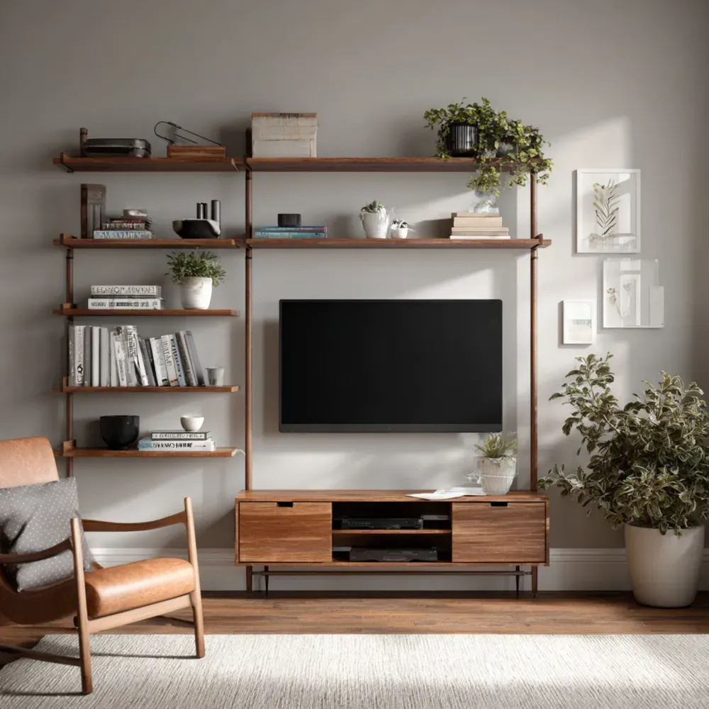 TV-Wandregal-Set Walnussholz mit Regalen und Tisch - 120x45x180 cm