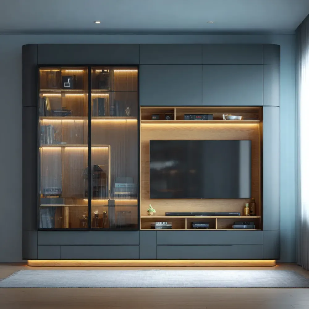 Wohnwand aus Holz und gehärtetem Glas in Dunkelgrau und Braun