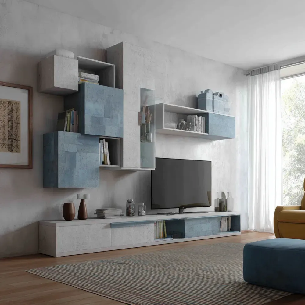 Wohnwand Set Holzwerkstoff und Glas 260x180x42 cm – Weiß/Blau
