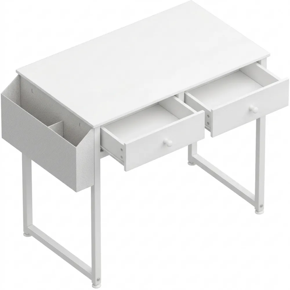 Kompakter weißer Schreibtisch mit Stauraum und Schubladen für Büro oder Home-Office-Wendhaus