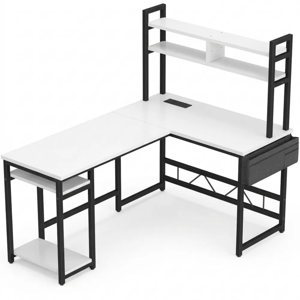 Eckschreibtisch für Gamer mit LED-Beleuchtung und USB-Anschlüssen, 155 x 100 cm, mit Stauraum und robustem Stahlrahmen, Weiß-Wendhaus