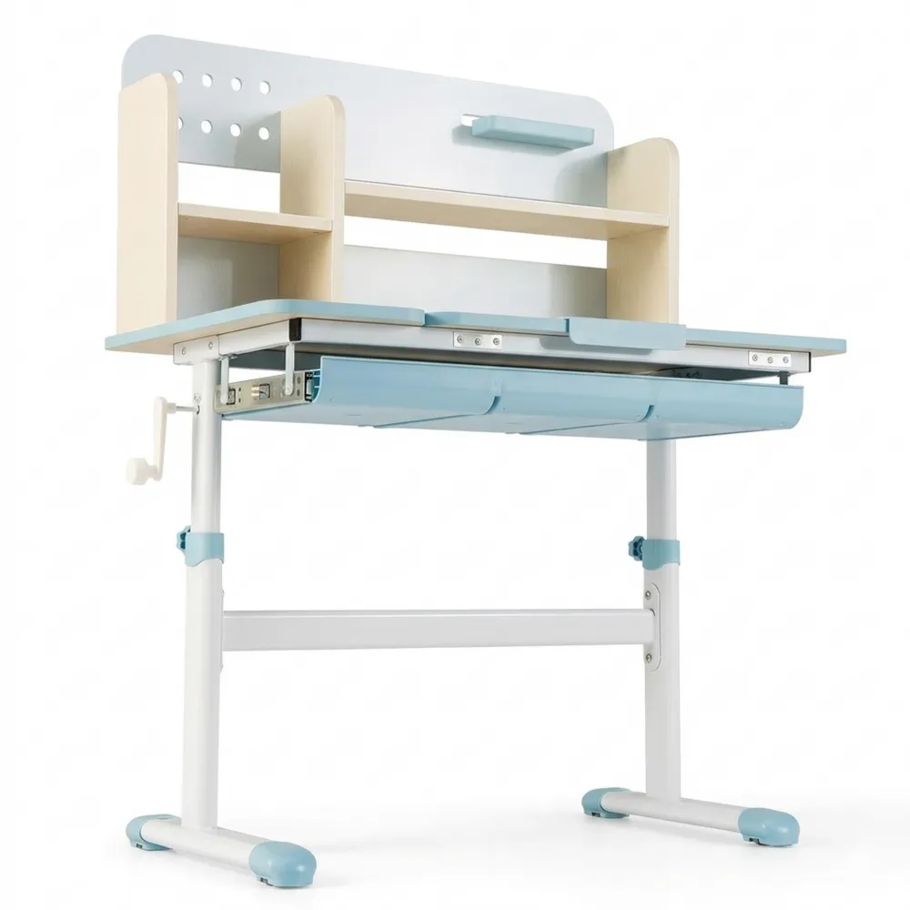 Höhenverstellbarer Kinderschreibtisch mit neigbarer Platte, Regal und Schublade, geeignet für 3-12 Jahre-Wendhaus