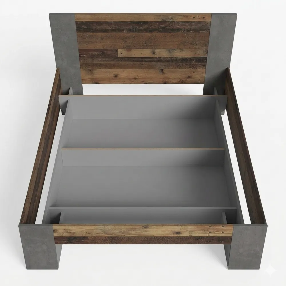 Jugendbett mit 140 x 200 cm Liegefläche, Holzwerkstoff in Vintage-Holzdekor und dunklem Beton-Wendhaus