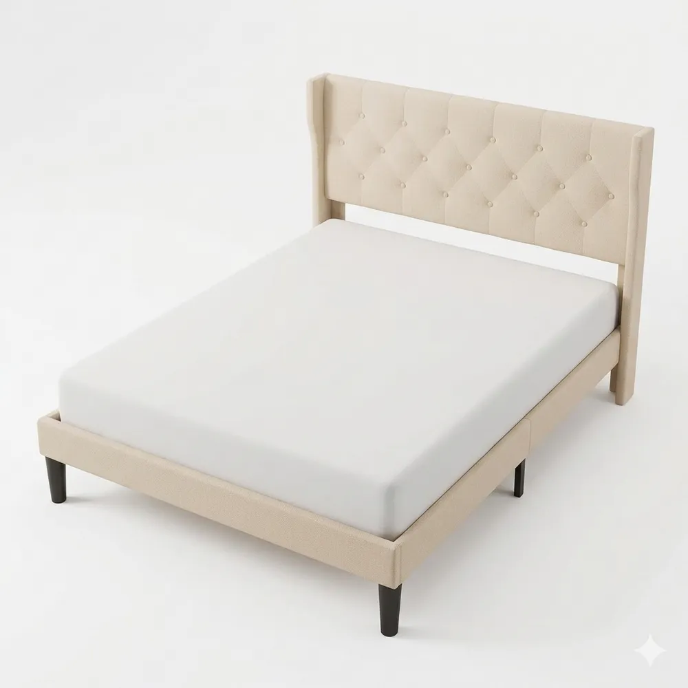 Stabiles 140 x 200 cm Bettgestell mit Kopfteil und Lattenrost, leicht montierbar, 20 cm Ablage, Beige-Wendhaus