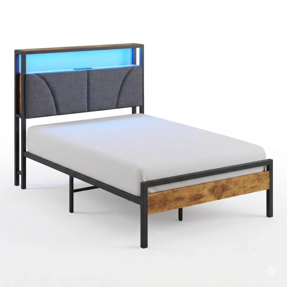 Modernes Jugendbett 90x200 cm mit LED und Ladestation, graues Metallgestell-Wendhaus