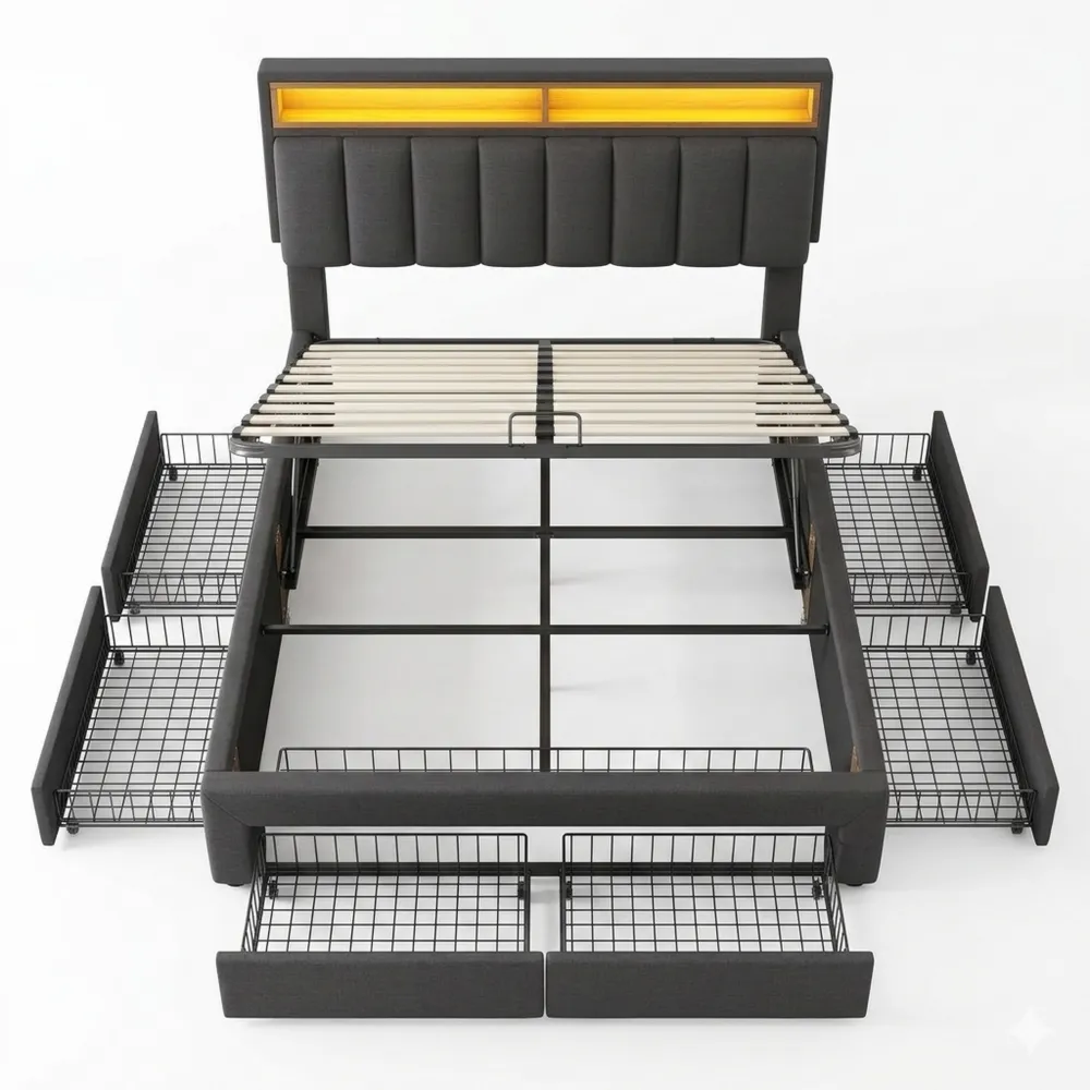 Modernes Polsterbett 140x200 cm mit Stauraum und LED-Beleuchtung-Wendhaus