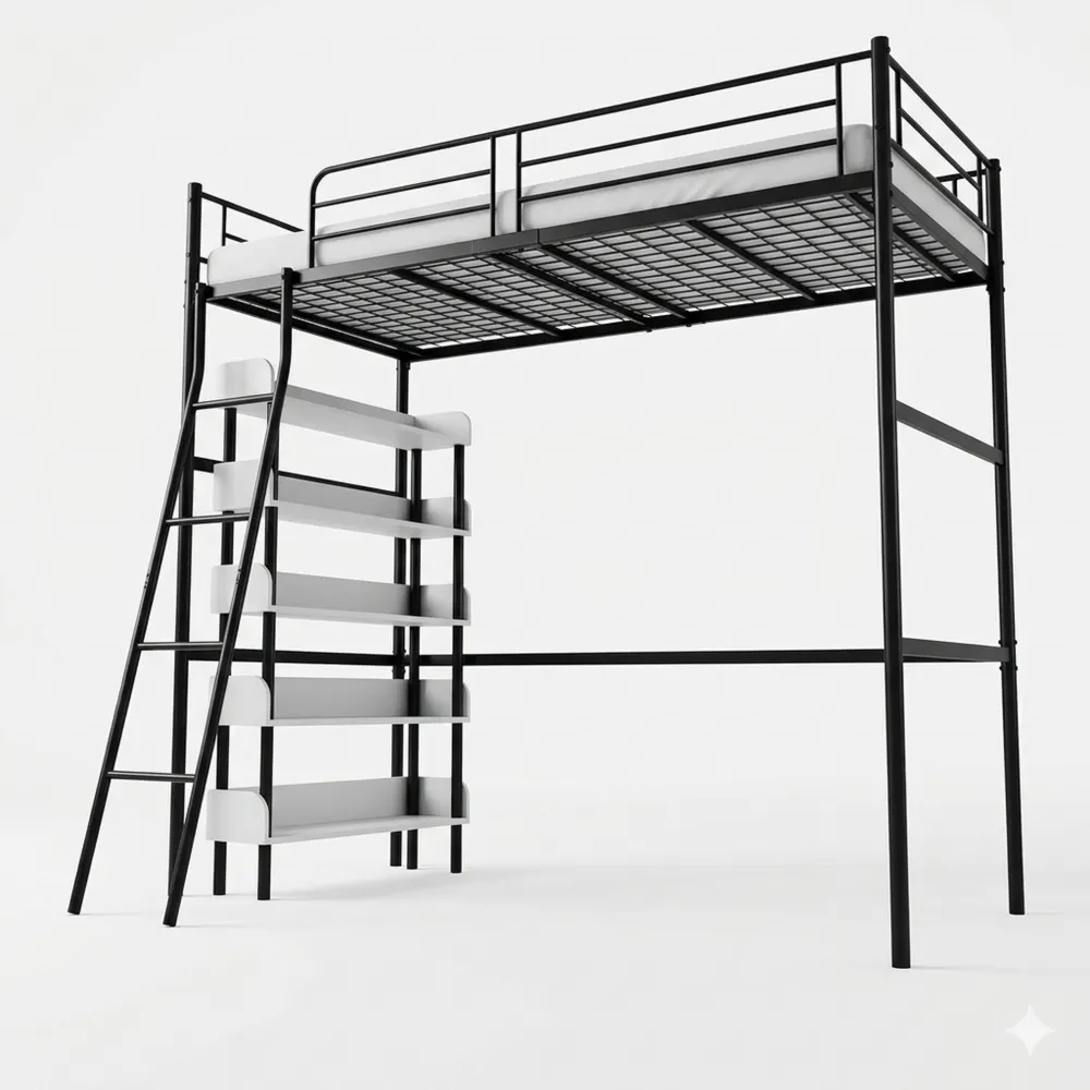 Metall-Hochbett 90x200 cm mit Schutzbarriere und Leiter, ideal für Kinder und Jugendliche, Schwarz-Wendhaus