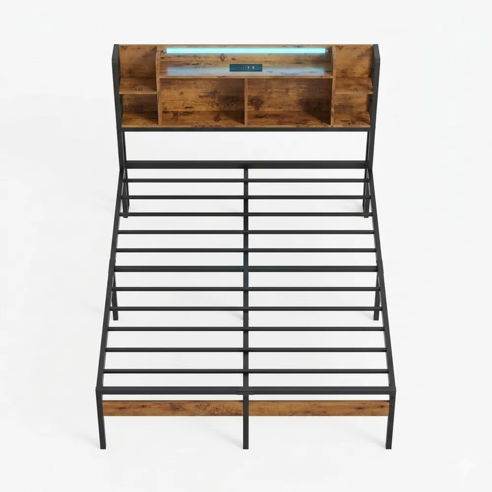 Metallbett 140x200 mit LED und USB, Stauraum-Kopfteil, gepolstertes Kopfteil-Wendhaus