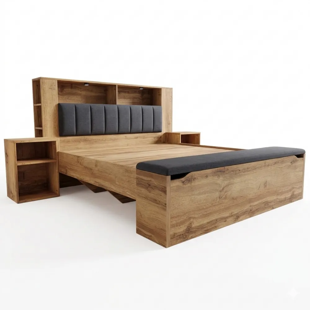 Holzbett mit verstellbarem Kopfteil und Stauraum, 180 x 200 cm, inkl. Bettbank und Nachttischen, Leselampen mit USB, Eiche Finish-Wendhaus