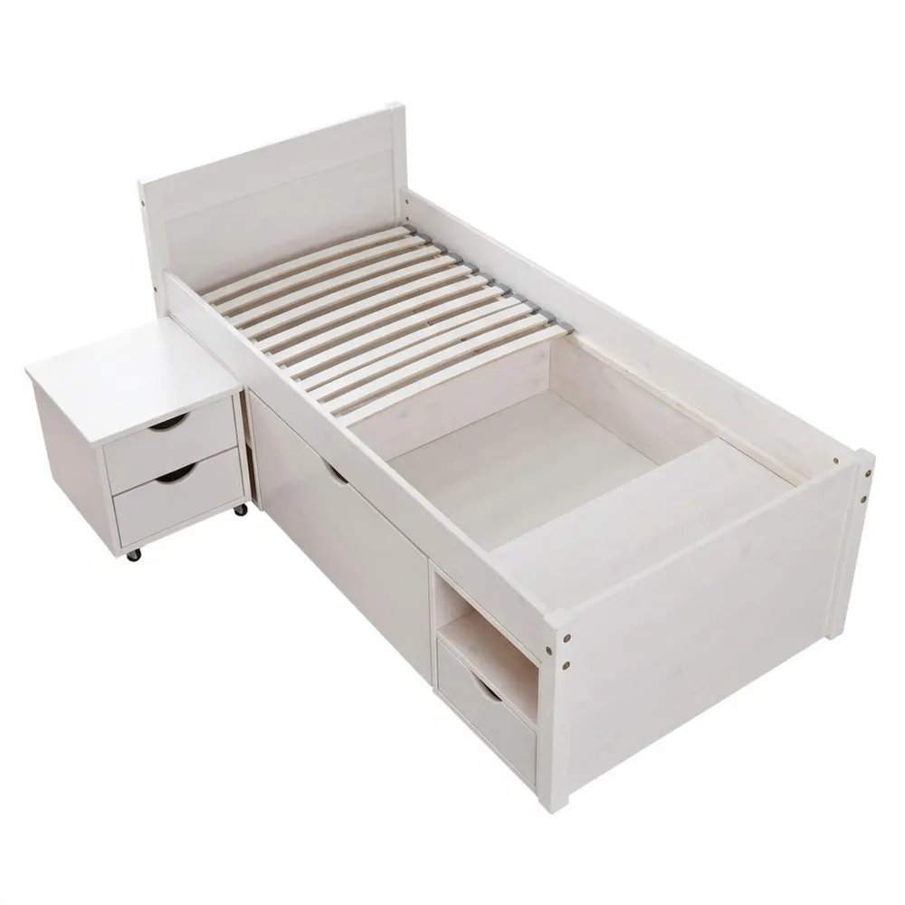 Einzelbett mit Stauraum und Schubladen, 90 x 200 cm, Kiefer Massivholz, Weiß lackiert, Platzsparend für Jugendzimmer-Chellynest