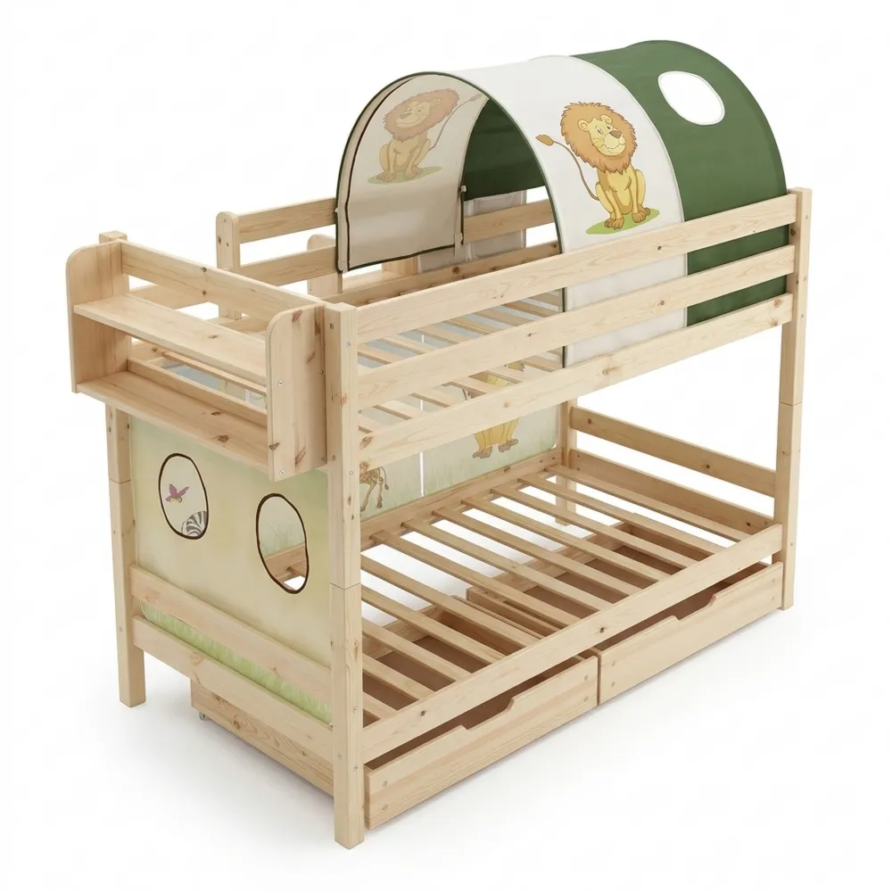 Hochbett für Kinder mit Treppe und Vorhang, Kiefernholz, 90 x 200 cm-Chellynest