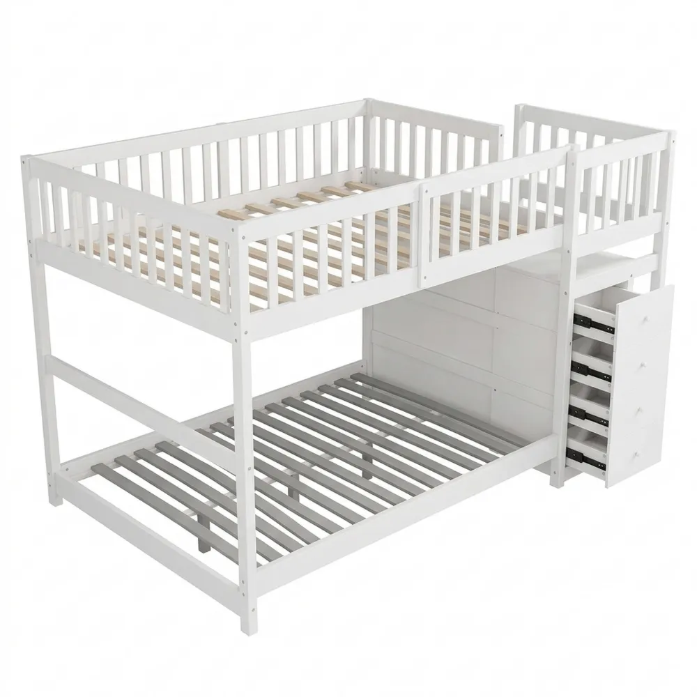 Raumsparendes Etagenbett 140x200 mit Schubladen und Geländer, Kinderbett inkl. Lattenrost, für Jungen & Mädchen, Weiß-Chellynest
