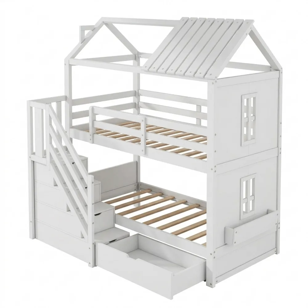 Multifunktionales Kinderhausbett mit Stauraum und Regalen-Chellynest