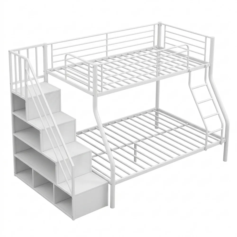 Hochbett mit LED-Beleuchtung und Staufächern, Treppe mit Geländer, Metall, Schwarz-Chellynest