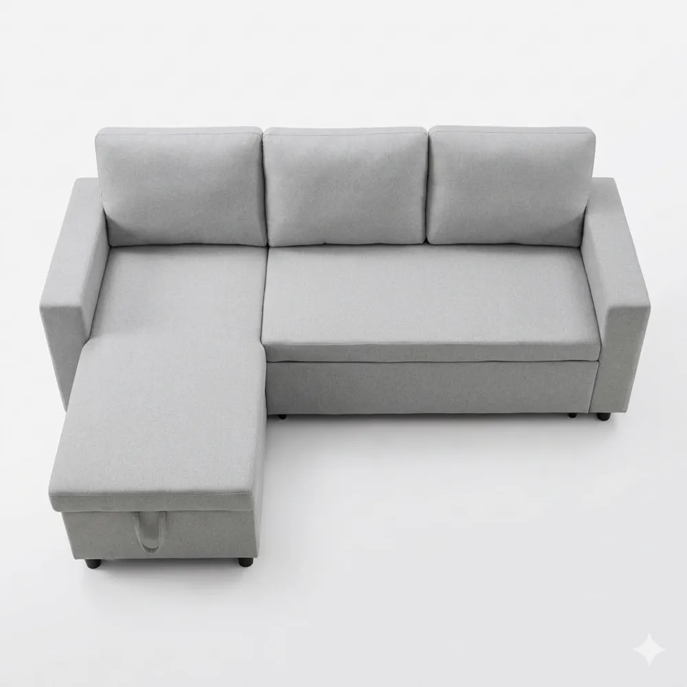 Ecksofa mit Bettkasten und Stauraum, Schlafcouch für Wohnzimmer und Schlafzimmer, Grau-Chellynest