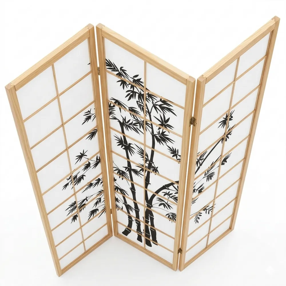 3-teiliger Raumteiler aus Holz mit Bambusmotiv-Chellynest
