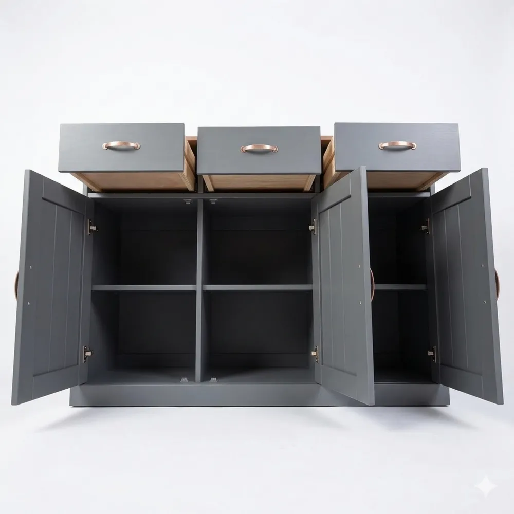 Kommode mit 3 Türen und 3 Schubladen aus Kiefernholz im Landhausstil, grau-braun lackiert-Chellynest