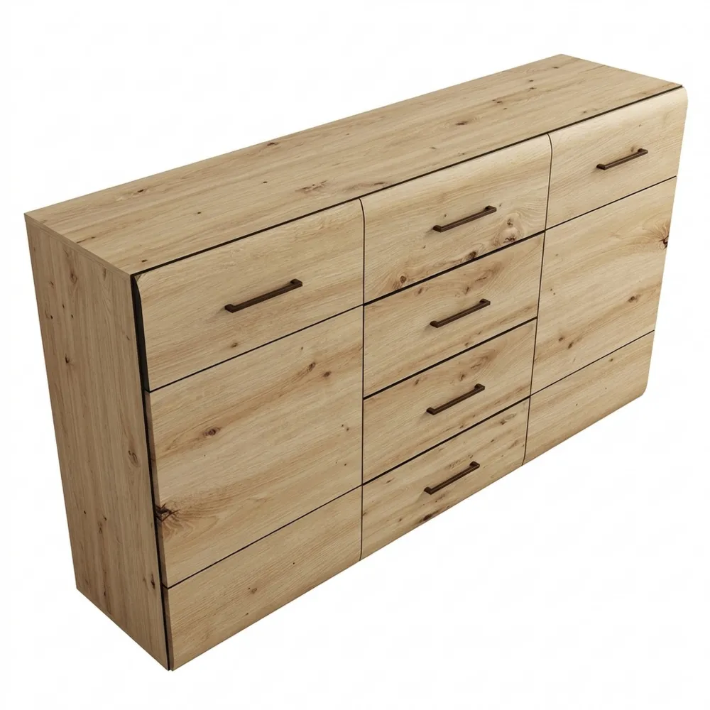 Sideboard mit 4 Schubladen und 2 Türen, Holzoptik Eiche/Schwarz, 170 x 91 x 41 cm-Chellynest