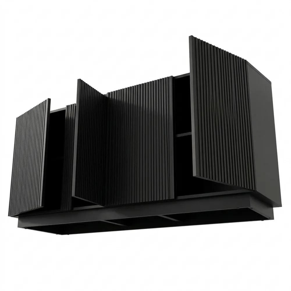 Hohes Sideboard mit geriffelten Fronten und 8 Fächern, schwarzer Wohnzimmerschrank-Chellynest