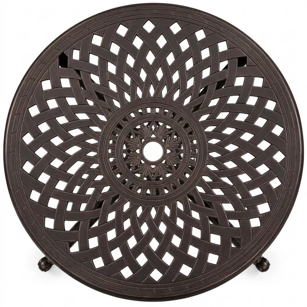 Runder wetterfester Gartentisch mit Schirmloch und Ablage